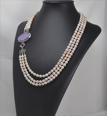 COLLANA IN ARGENTO 925 CON PERLE MULTICOLORE TRE FILI E GIADA VIOLA AGLN 090 - Immagine 1 di 3