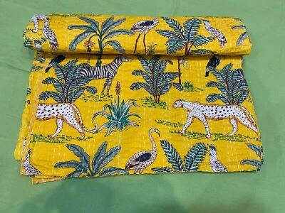 Indian King size Jungle Print Kantha Quilt Cotton Bedspread Blanket Throw - Image 1 of 4