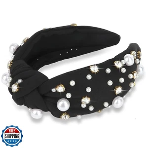 Black Headband Pearl Knotted Headband Sparkly Rhinestone Pearls Top Knotted H - Picture 1 of 5