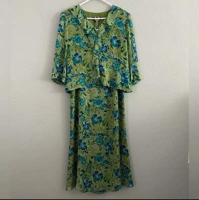 VTG Cynthia Howie 100% Silk Green Blue Floral Blouse Skirt Set Size 12 90s Boho - Image 1 of 4