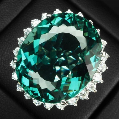 Preciosos anillos ovalados hechos a mano de turmalina verde azulado de 22,40 quilates de plata de ley 925 Foto 1 de 4