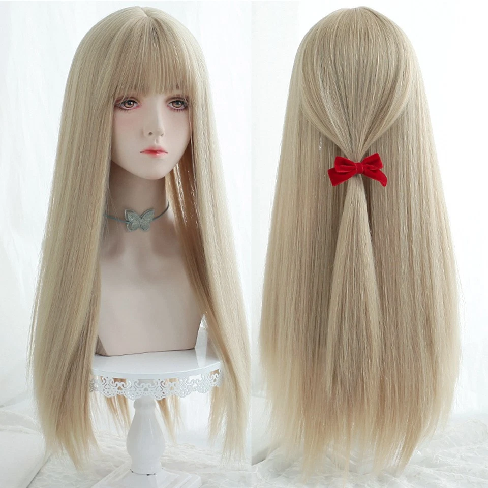 Pelucas Cosplay con Flequillo Cabello Resistente al Calor Largo Recto Resaltar Rubio Suave Foto 1 de 4