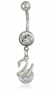 Surgical Silver Stainless Steel Cubic Zirconia Belly Piercing Jewel Swan Charm - Picture 1 of 1