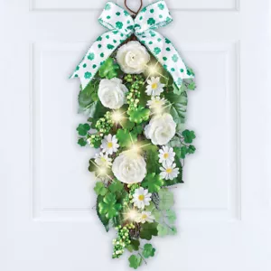 LED Lighted Shamrock White Rose Swag Wreath St Patricks Day Door Wall Home Decor - Picture 1 of 4