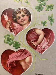 Cupid CHERUB Hearts Clover Valentine’s Day Antique Vtg 1909 Embossed Postcard! - Picture 1 of 3