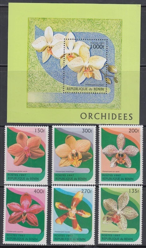 BENIN Sc# 973-9 CPL MNH SET of 6 DIFF + ONE SOUVENIR SHEET of ORCHIDS - Image 1 of 1