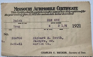 PALMYRA MISSOURI AUTOMOBILE CERTIFICATE Buick Touring Car MO Marion COUNTY - Picture 1 of 2