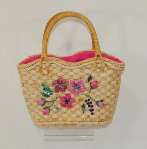 Gewebte Stroh Handtasche Bast Blumen Pailletten gefüttert rosa floral - Bild 1 von 12