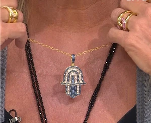 Womens Real Blue Sapphire & Zircon Hamsa Hand Sterling Silver Necklace, Goldtone - Picture 1 of 8