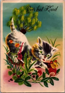 Cat Plays With Butterfly In The Flowers Kitten Vintage Postcard BS21 - Picture 1 of 2
