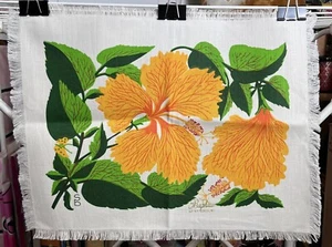 Vtg Hibiscus Silk Screen Placemat Tropical Flower Tiki Print SB Bagshaw St Lucia - Picture 1 of 9
