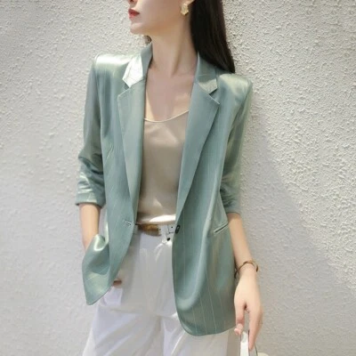Women Satin Blazer Suit Jacket Shiny Striped Dress Coat 3/4Sleeve Office Elegant - Image 1 of 4