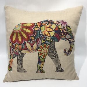 Paisley Elephant Pillow 18" x 18" Natural beige w/India Print Colors