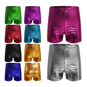 Kids Dance Stage Hot Pants Elastic Waistband Shorts High Waist Metallic Solid - Picture 1 of 72