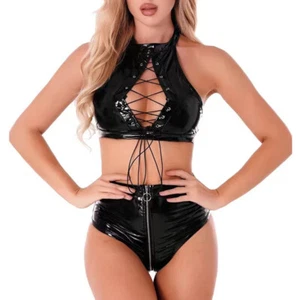 Sexy Mujeres Lencería de Cuero Sujetador y Briefs Conjuntos Mujeres Erótico Halter Vendaje Lencería - Imagen 1 de 11
