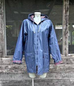 Vintage Misty Harbor Navy Blue PVC Hooded Plaid Lined Preppy Raincoat~M~ - Picture 1 of 8