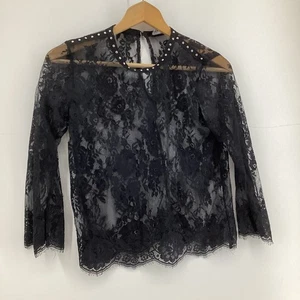 New Look Black Lace Top Stud Detail Mesh Yoke UK 8 Bell Sleeve Blouse - Picture 1 of 5
