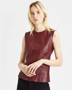 New! Theory Leather Modern Seamed Shell dark burgundy sleeveless top Size 0 NWOT - Picture 1 of 17