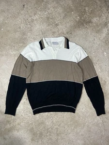 Vintage Mister Man Striped Knit Polo Sweater Mod Beige Black Large 60s 70s - Picture 1 of 3