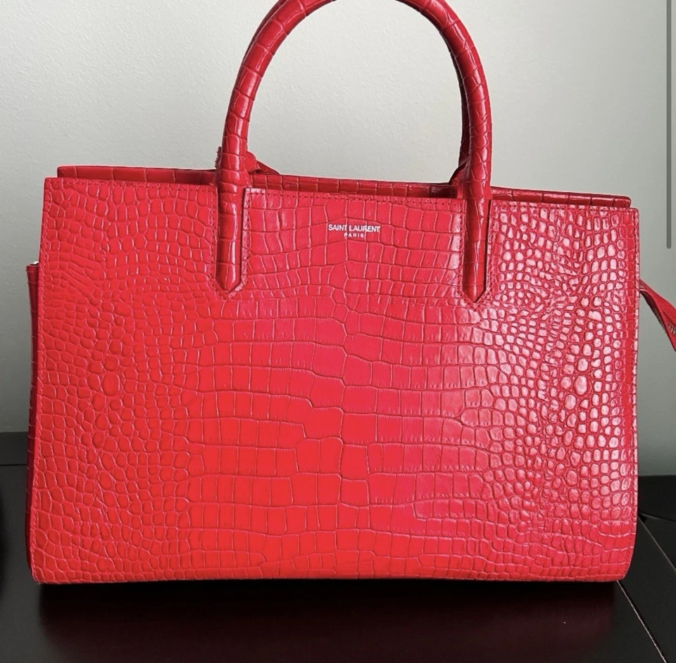 YSLSaint Laurent Cabas Rive Gauche Glossy RedCrocodile Embossed Leather - Image 1 of 4