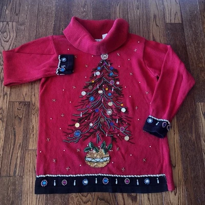 Suéter de Navidad Vintage Mujer Grande Árbol de Navidad Años 90’s Cuentas Adornado Rojo Foto 1 de 4