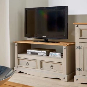 Two Tone TV Stand 2 Drawer Televsion Cabinet Solid Wood Pine Unit Corona Grey - Picture 1 of 3