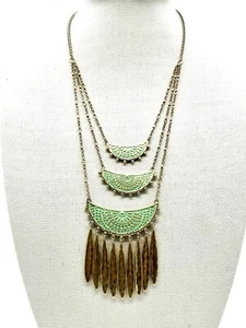 Lucky Brand Necklace Green Enamel Gold Tone 3 Tiered Dangle Half Moon Bohemian - Picture 1 of 7