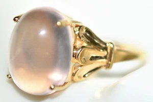 Rose Quartz 18k Gold Ring Huge 14mm Oval Cabochon Solid 18k Gold Size P - Picture 1 of 10