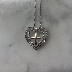 Gold Cross In Double Heart Pendant Necklace Diamond Accent Adjustable Chain 925 - Picture 1 of 5