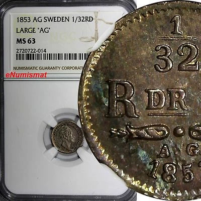 SWEDEN Silver 1853 AG 1/32 Riksdaler Large "AG" NGC MS63 NICE TONING KM# 681 (4) - Image 1 of 4