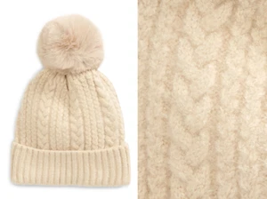 Natasha Kuschelmütze Bommelmütze beige Damen Zopfmuster 100% Acryl One Size - Bild 1 von 6