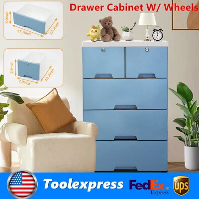 6 Drawers Dresser Plastic Storage Cabinet W/ Lock Closet Organizer 4 wheels Blue - Image 1 of 4
