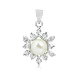 Artisan Crafted White Gold Plated Pearl and Cz Pendant - Picture 1 of 2