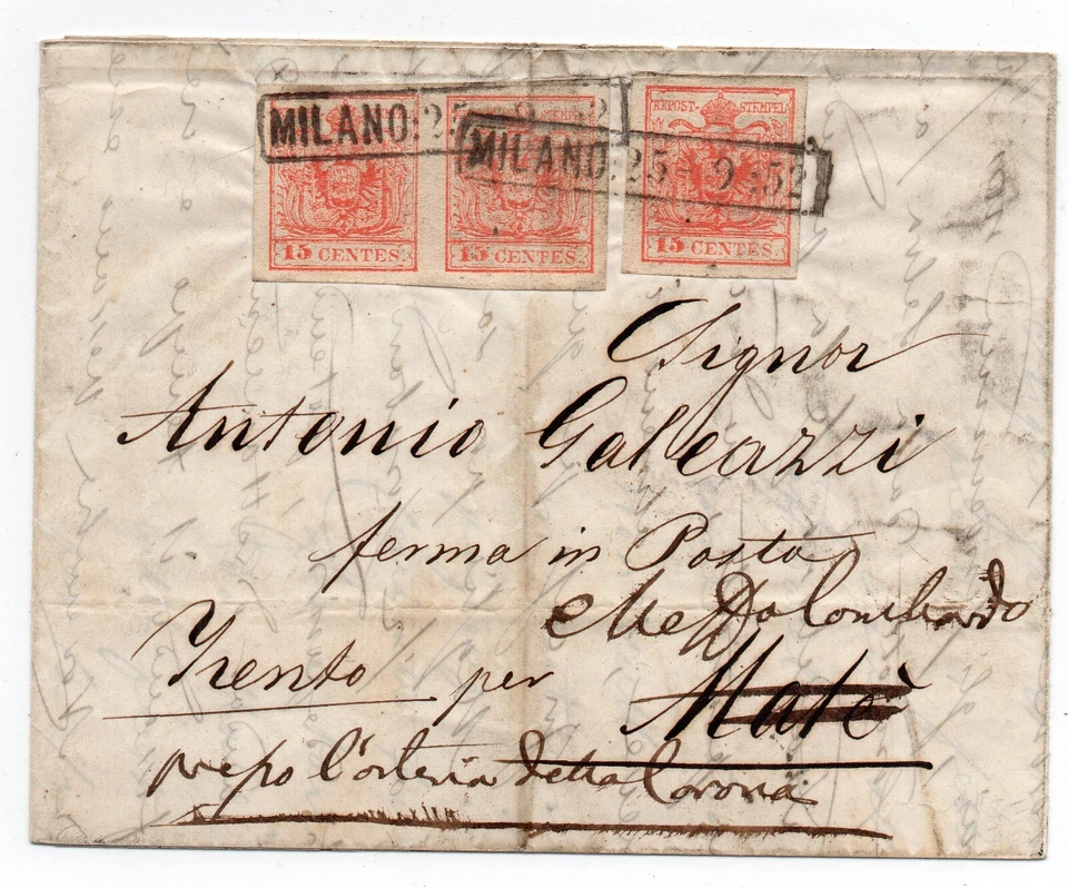 RISPEDIZIONE - 1852 LOMBARDO VENETO C.15X3 ROSA TRENTO MALE TRENTO - Immagine 1 di 1