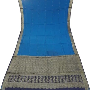 Saris azules vintage 100 % pura seda crepé Mysore Zari tejido sari 6YD tela artesanal - Imagen 1 de 6