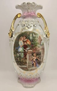 Vintage Victoria Czechoslovakia Vase Couple In Love Cupid 12" Tall 1920s - Picture 1 of 10
