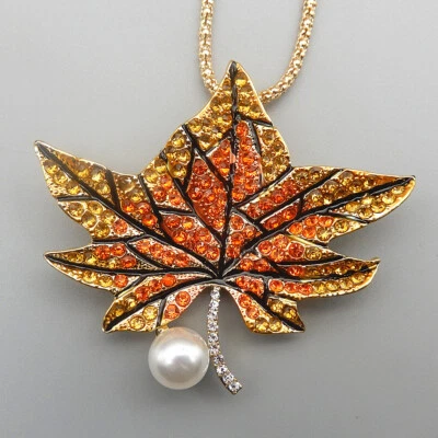 黄色橙色水晶珍珠枫叶吊坠长项链/胸针 — 第 1/3 张图片