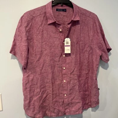 Nautica Linen and Rayon Casual Button-Down Dress Short Sleeve Shirt Purple XXL - Image 1 of 4