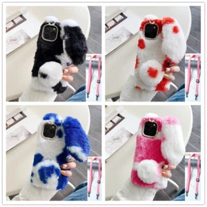 Women Rabbit Fur Soft Fluffy Plush Protective Crossbody Strap Case - Picture 1 of 14