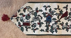BACKYARD BIRDS CHRISTMAS tapestry Table Runner 12 x 72" Winter Holly Birdhouses  - Picture 1 of 4
