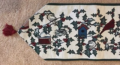 BACKYARD BIRDS CHRISTMAS tapestry Table Runner 12 x 72" Winter Holly Birdhouses  - Image 1 of 4