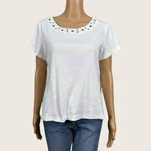 Kim Rogers White Grommet Hole Neck Casual Shirt T-shirt Top PL PETITE LARGE - Picture 1 of 8