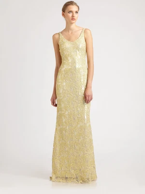 Sparkly Gold Badgley Mischka Dress Gown, Sequins, Flower Embroidery, Size 6 - Image 1 of 4