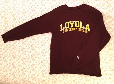 芝加哥罗约拉 U 长袖 T 恤冠军中号红色栗色二手棉 — 第 1/4 张图片