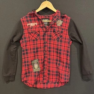 Five Nights At Freddys Fazbear's Pizza Boys Hooded Flannel Red Plaid Sz Large  - Picture 1 of 9