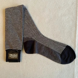Polo Ralph Lauren Knee Socks Black Gray Houndstooth Cotton Wool Nylon Blend NEW - Picture 1 of 8