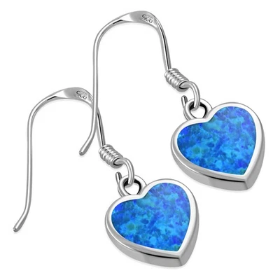 Pendientes colgantes de plata de ley 925 con corazón de ópalo azul para mujer Foto 1 de 3