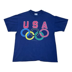 Vintage 90s Navy Blue USA Atlanta Olympic Games Big Logo Tee L - Picture 1 of 3