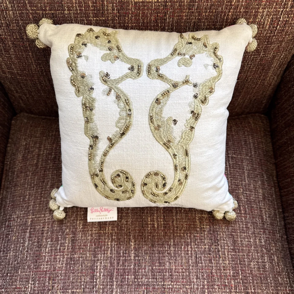 LILLY PULITZER POTTERY BARN GOLD BEADEDSEAHORSES REVERSIBLE PILLOW BLUEWHITEPINK - Image 1 of 4