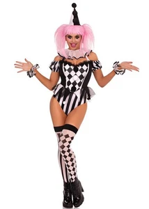 Adult Womens Pierrot Bodysuit Leg Avenue Black and White French Clown Costume - Picture 1 of 10